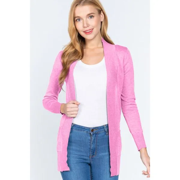 ACTIVE BASIC Ribbed Trim Open Front Cardigan