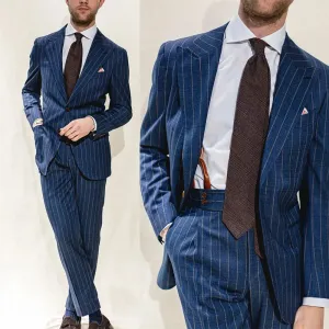 Aidase Navy Blue Stripe Men Suits 2 Pieces Blazer Jacket Pants Tailored Single Breasted Fashion Formal Business Groom Causal Prom