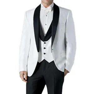 Black and White Shawl Lapel Three Piece Jacket Black Pants Vest