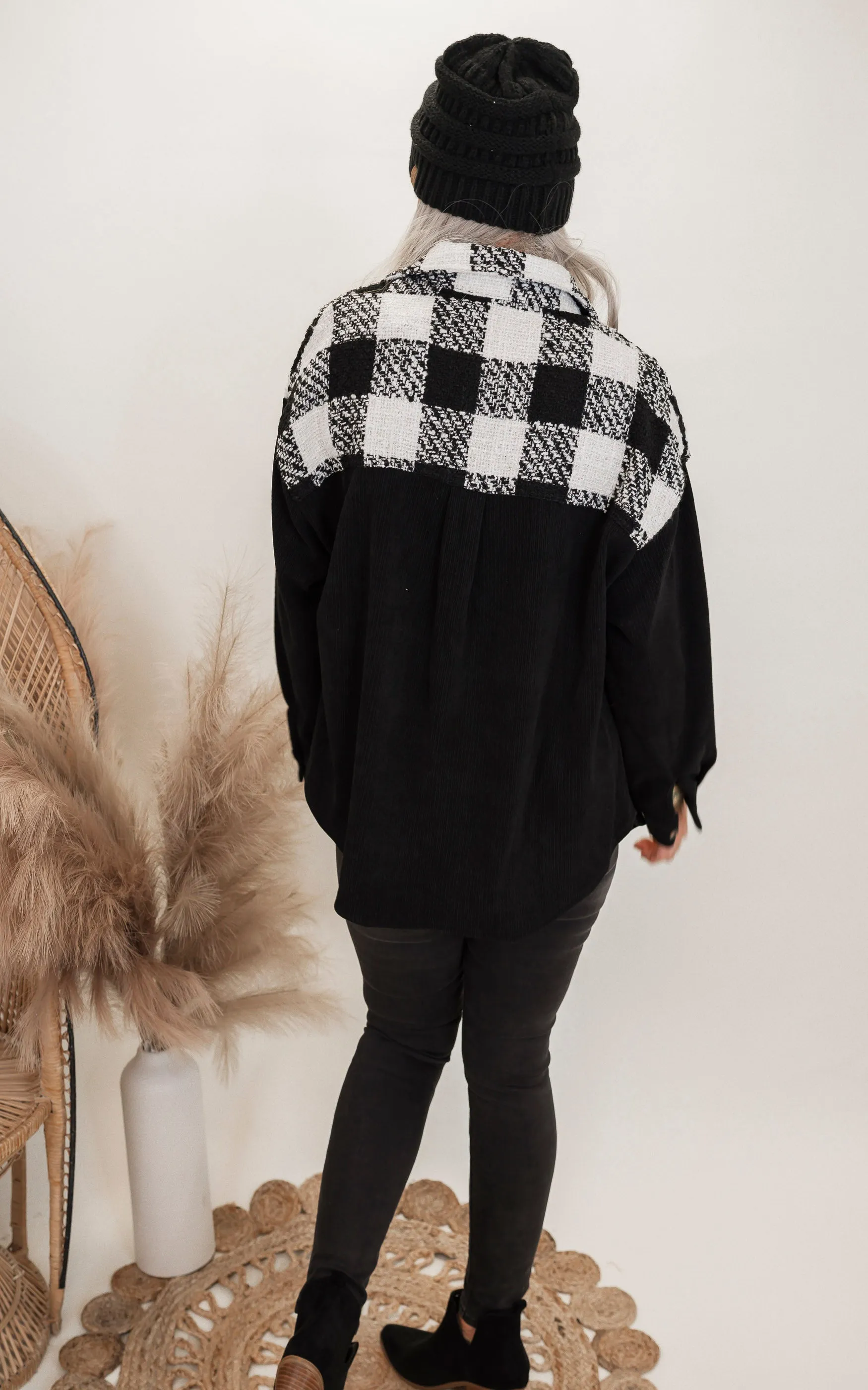 Black Buffalo Plaid Color Block Woven Shacket - Final Sale