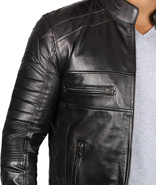 Black Cafe Racer Leather Jacket For Man by TJS