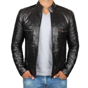 Black Cafe Racer Leather Jacket For Man by TJS