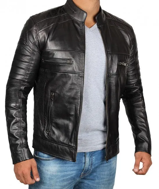 Black Cafe Racer Leather Jacket For Man by TJS