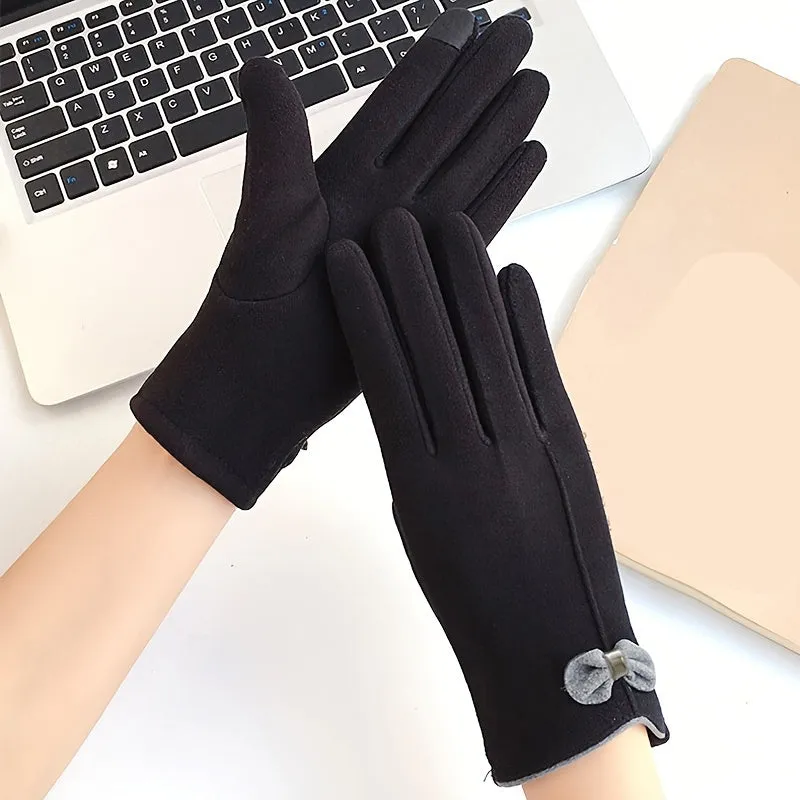 Bow Decor Winter Warm Gloves, Touch Screen Fashion Cycling Gloves, Women's Elegant Windproof Gloves