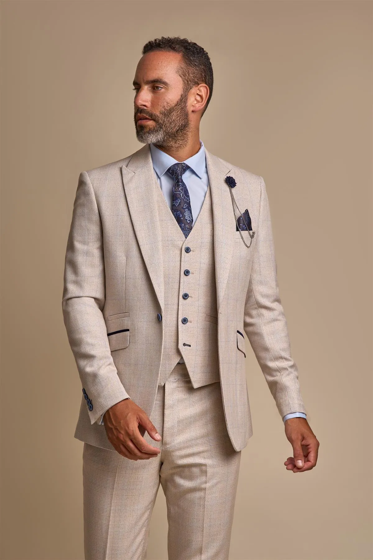 Caridi Beige Long Check Three Piece Suit