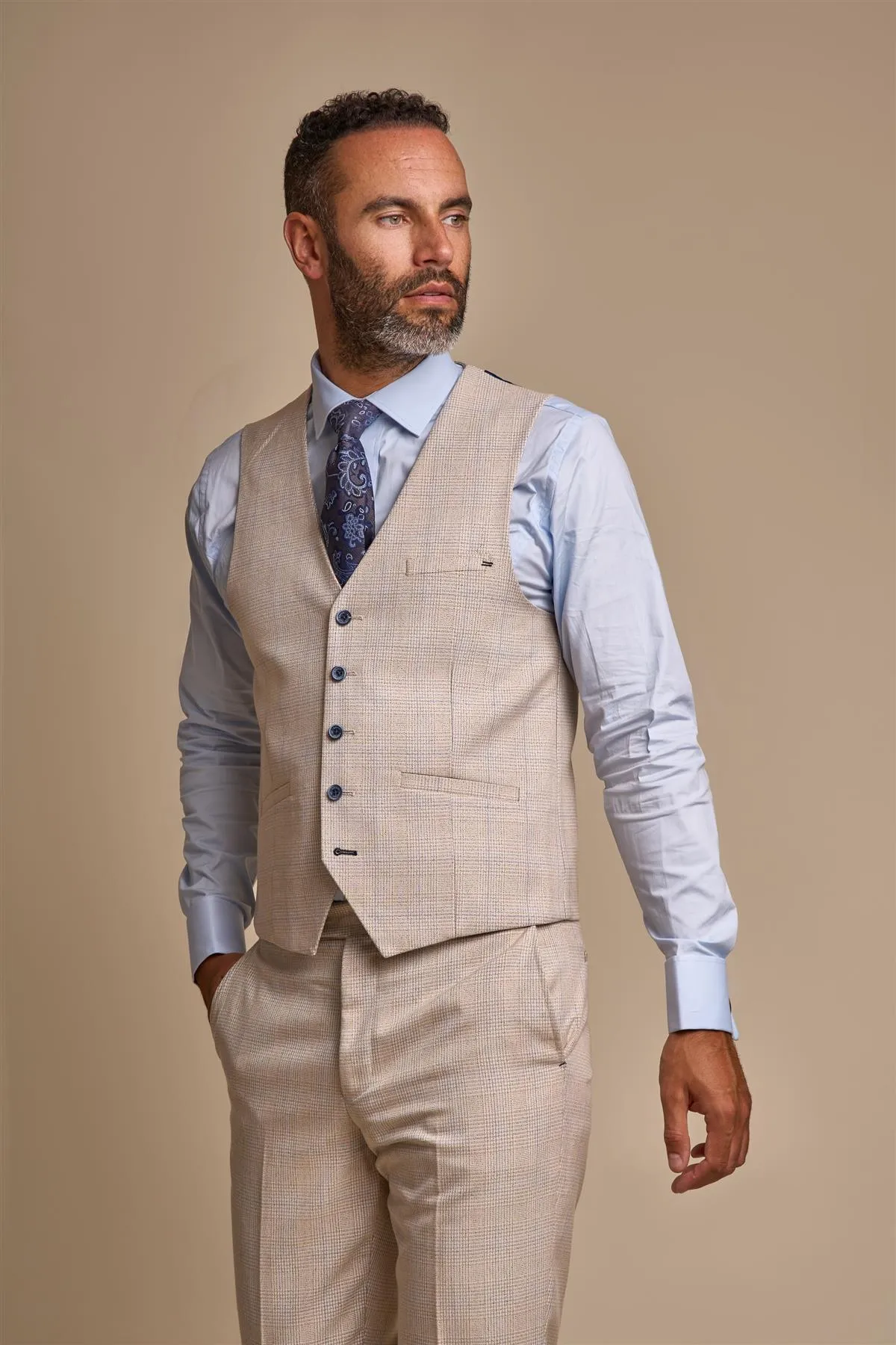 Caridi Beige Long Check Three Piece Suit