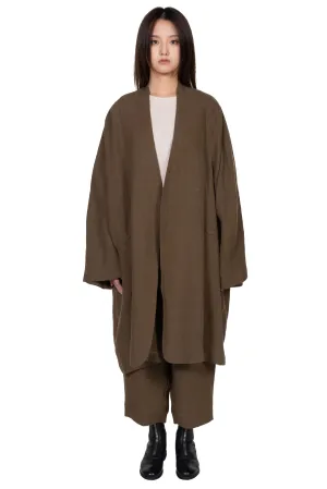 Collarless Linen Long Coat Olive