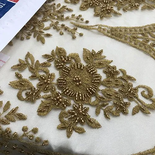 Dark Gold Or Taupe Design Beaded Lace Fabric By The Yard