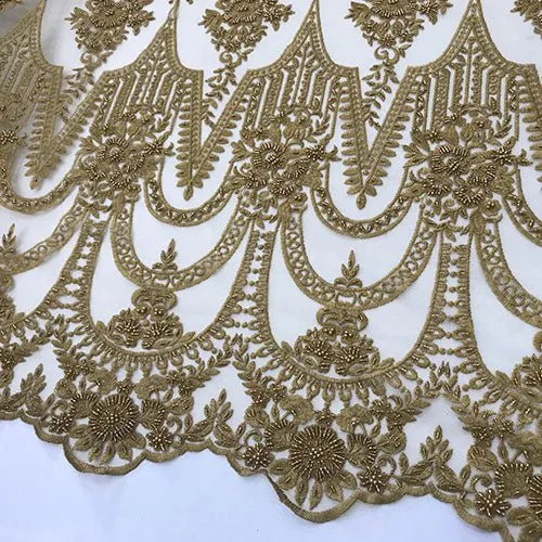 Dark Gold Or Taupe Design Beaded Lace Fabric By The Yard