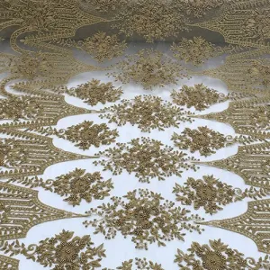 Dark Gold Or Taupe Design Beaded Lace Fabric By The Yard