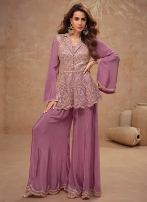 Mauve Purple Embroidery Peplum Style Pant Suit