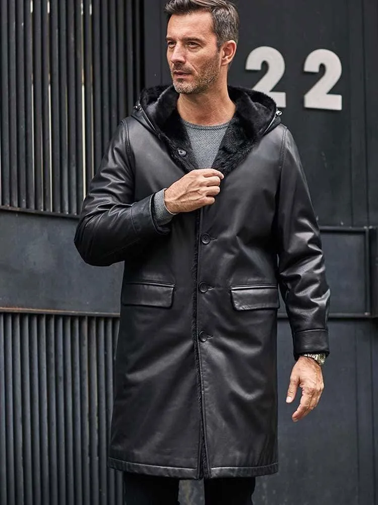 Men's Long Fur Parkas Mink Overcoat Black Leather Jacket