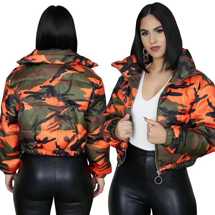 Parkas High Collar Full Sleeve Zipper Camouflage Coat