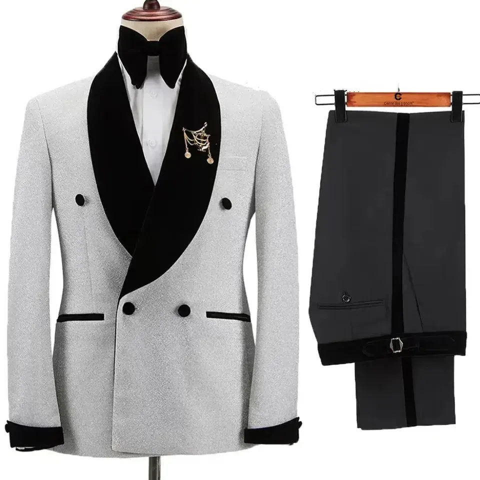 Shining Jacket With Pants Set Suits 2 Pieces Groom Tuxedos Black Flat Velvet Shawl Collar Wedding Suits Tuxedos | LL830